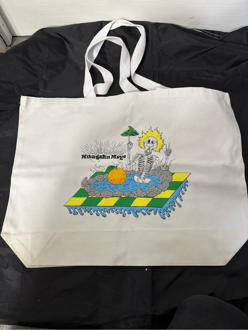 White Graphic Canvas Tote Bag with Colorful Surreal Print